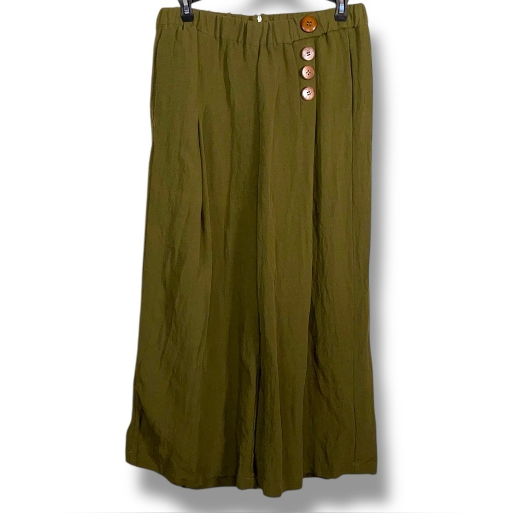 Juniors Large GeeGee Military Gree Wide Leg Pants Palazzo Textured Elastic Boho